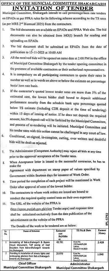 Municipal Committee Shakargarh Tender Notice